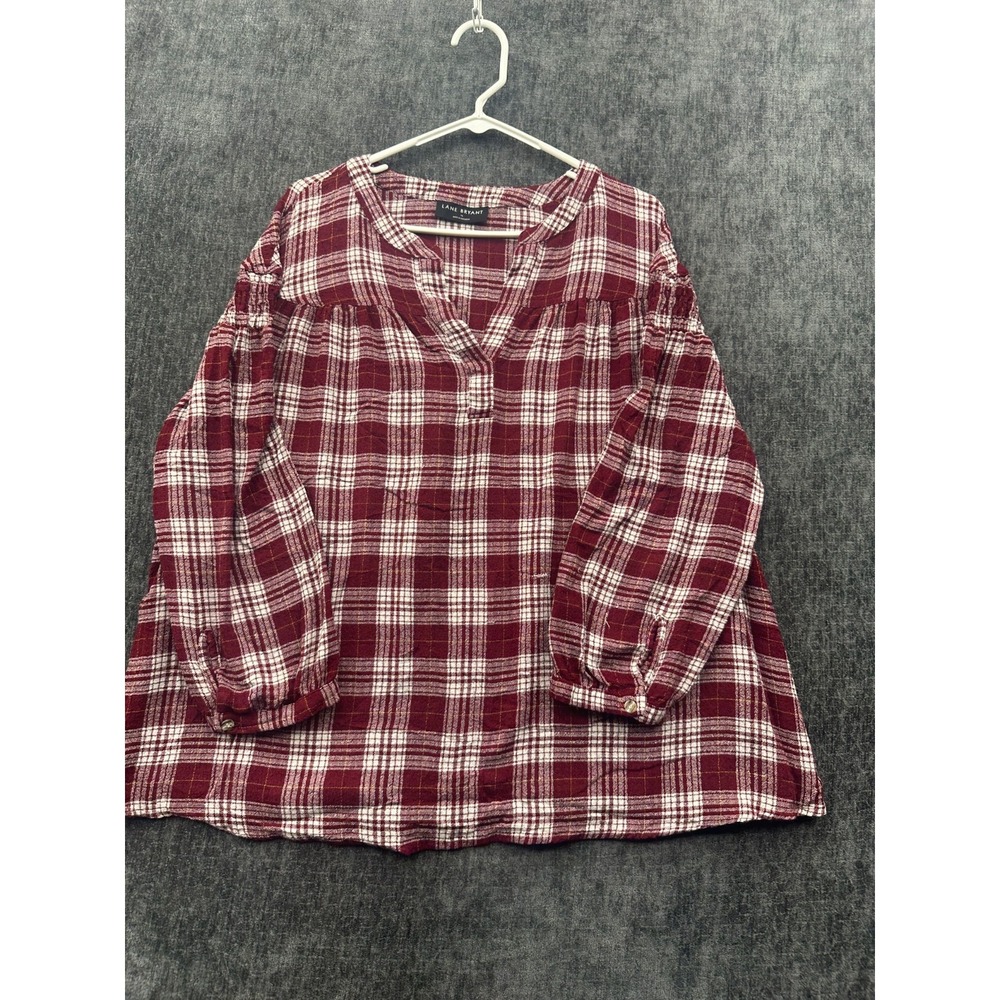 Lane Bryant Flannel Popover Blouse Top Womens 16 Burgundy White Plaid Crinkle